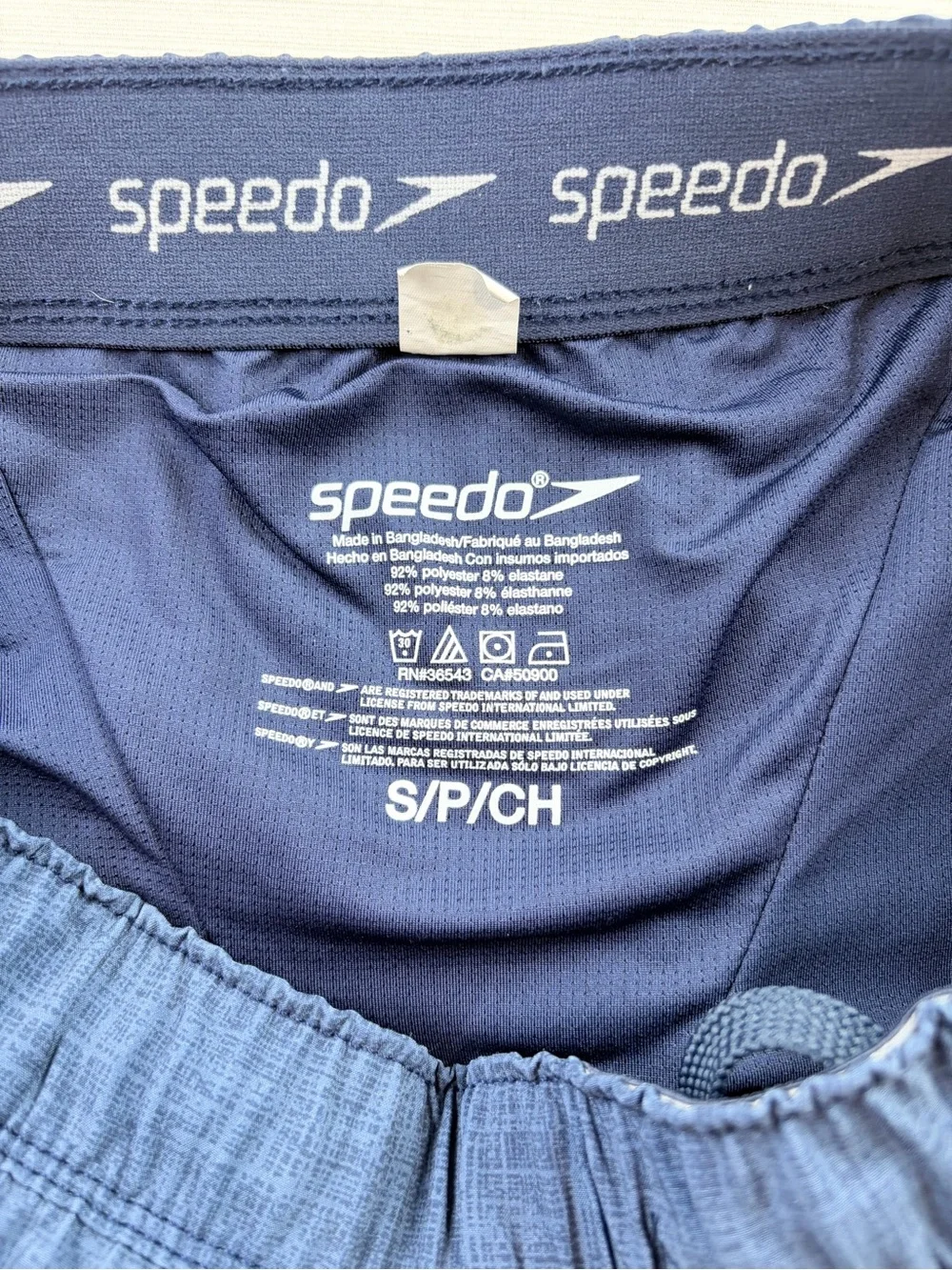 Speedo Men's Dark Blue Swim Shorts with Light Blue and White Stripes